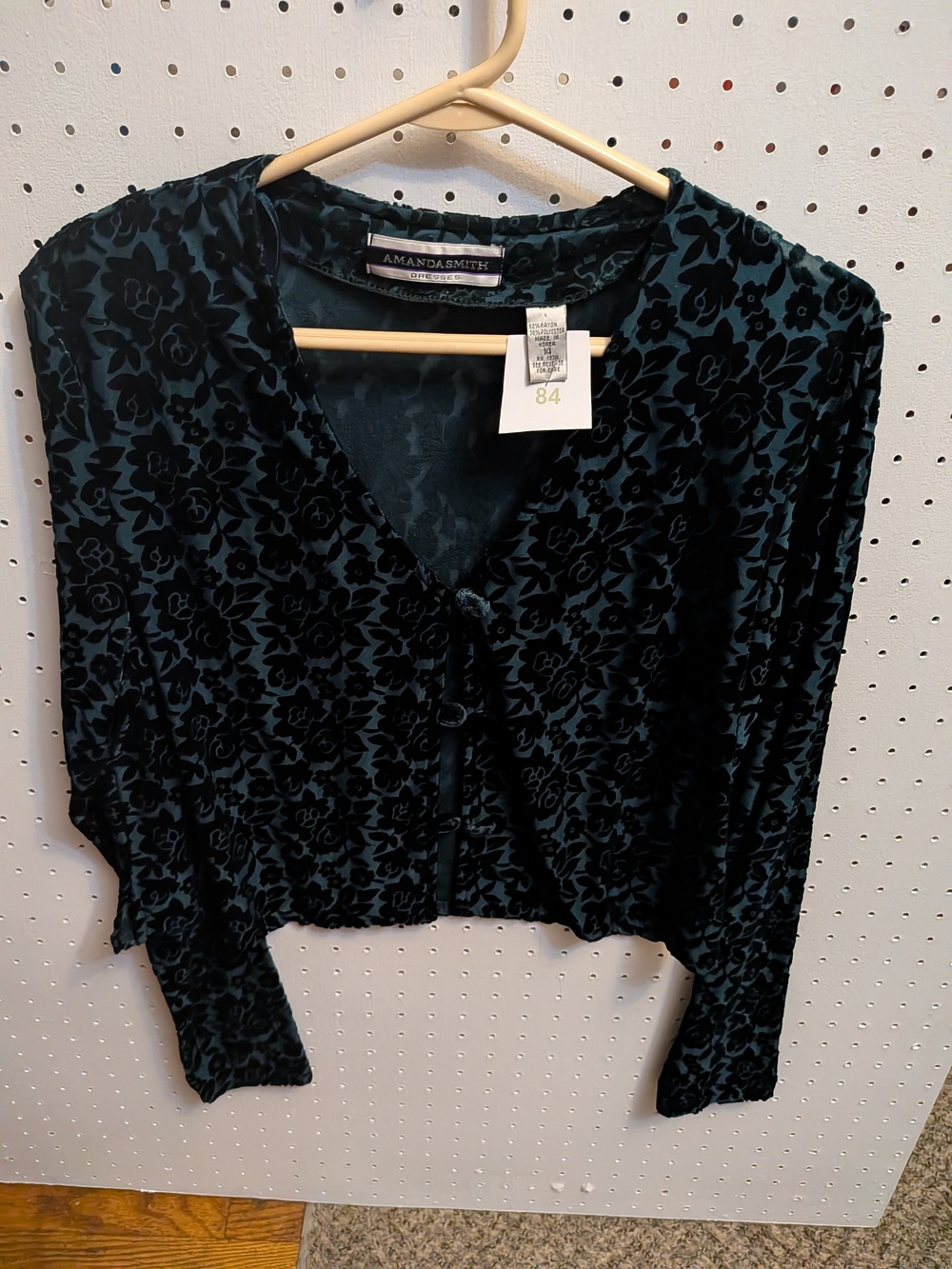 Amanda Smith Teal and Black Velvet Burnout Floral V-Neck Blouse